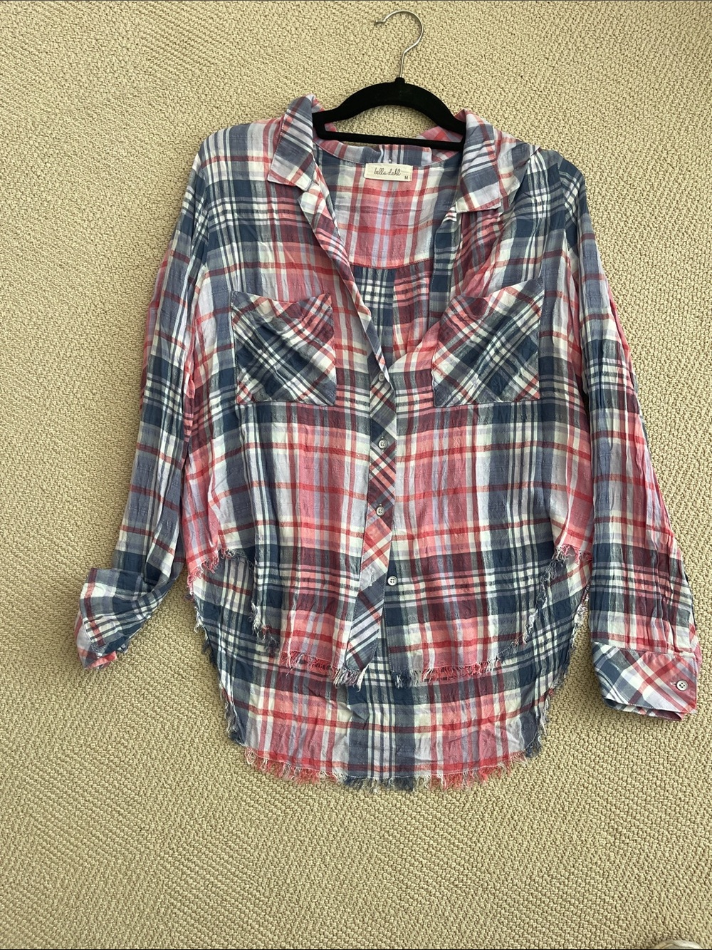Bella Dahl Pink White and Blue Plaid Button-Down Shirt